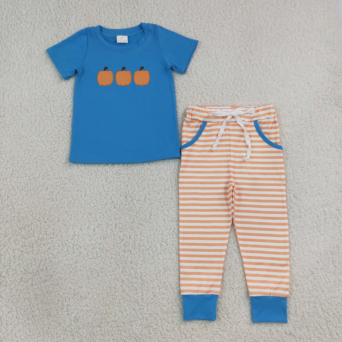 Baby Boys Kids Embroidery Pumpkins Blue Shirt Pockets Stripes Pants Fall Set Clothes
