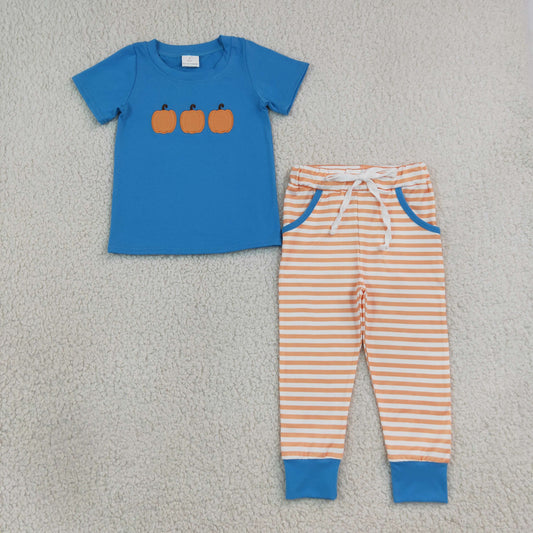 Baby Boys Kids Embroidery Pumpkins Blue Shirt Pockets Stripes Pants Fall Set Clothes
