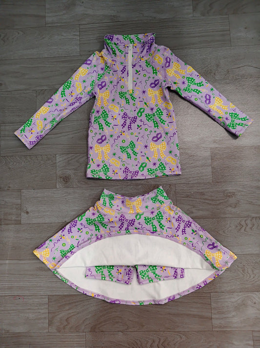 No moq Preorder Baby Girls Kids Masks Bows Zip Shirt Skirt Shorts Set Mardi Gras Yoga Clothes