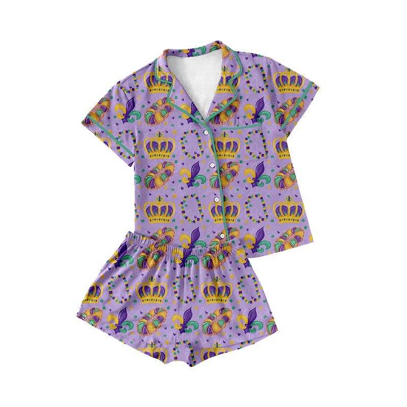 Moq 5 Preorder Adult Women Flower Donuts Buttons Shirt Shorts Set Pajamas Mardi Gras Clothes