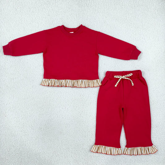 Baby Girls Kids Long Sleeves Red Shirt Pockets Pants Set Sweatsuit Cotton Clothes RTS