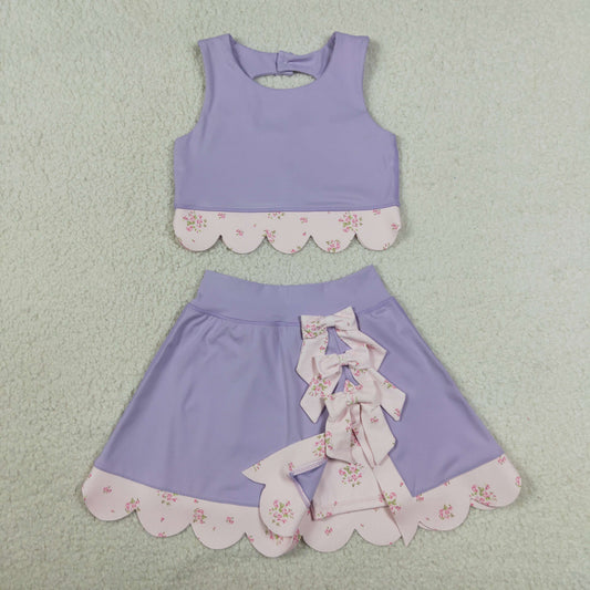 Baby Girls Kids Purple Sleeveless Tops Bows Skirt Shorts Yoga Clothes Set RTS