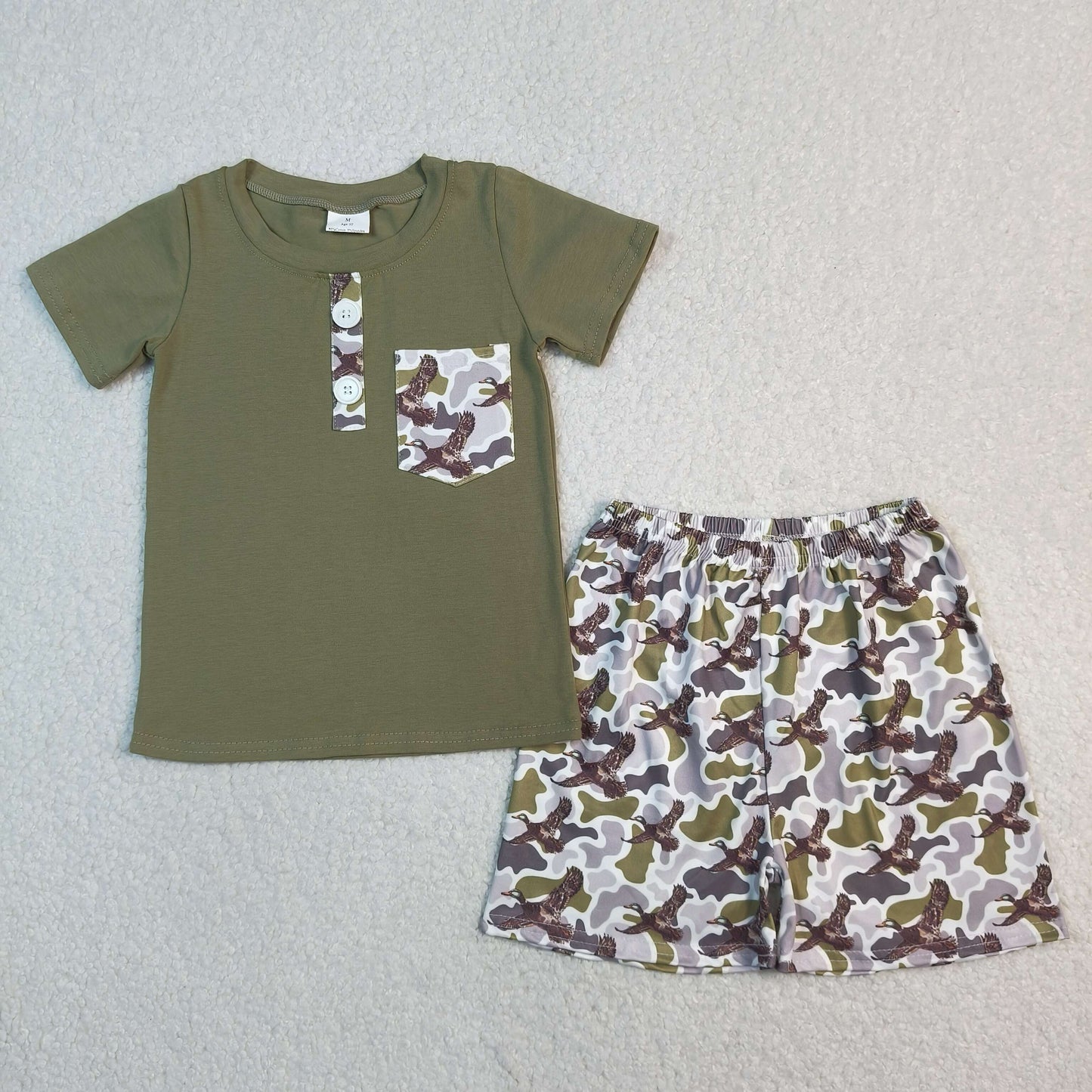 Baby Boys Dark Green Short Sleeves Buttons Pocket Shirt Ducks Camo Shorts Set