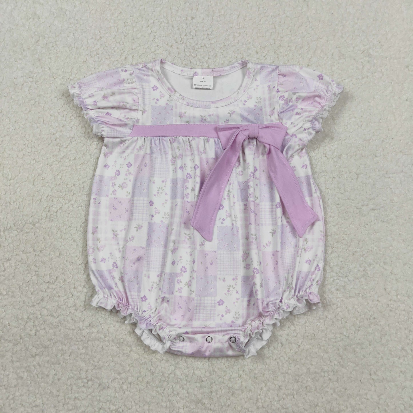 RTS Baby Girls Kids Short Sleeves Flower Plaid Bows Lavender Summer Romper