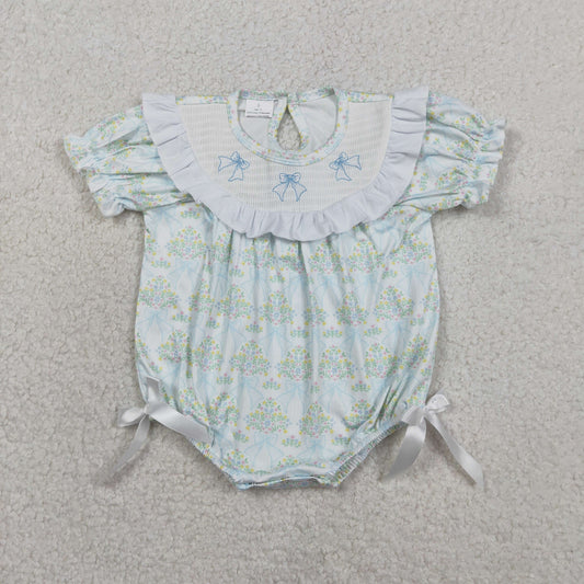 RTS Baby Girls Kids Short Sleeves Embroidery Smocked Bows Floral Knee Length Dress