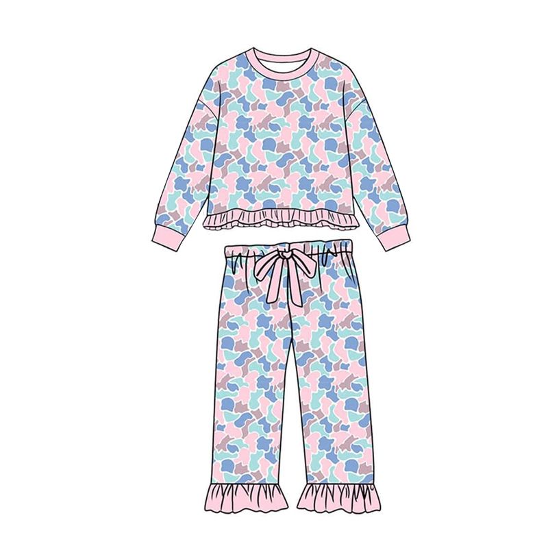 Moq 5 Preorder Baby Girls Kids Long Sleeves Ruffle Shirt Pants Camo Set Clothes