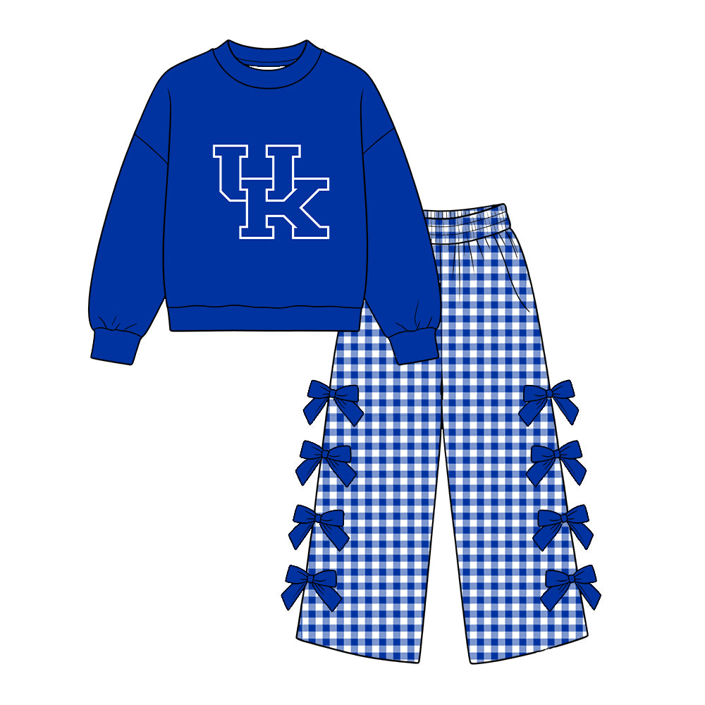 Moq 5 Custom Baby Girls Kids Long Sleeves Blue Shirt Plaid Bows Pants Team Set Clothes