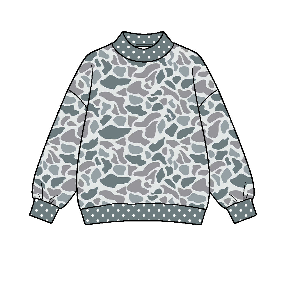 Moq 5 Custom Baby Girls Kids Long Sleeves Grey Camo Print Pullover Shirt Clothes