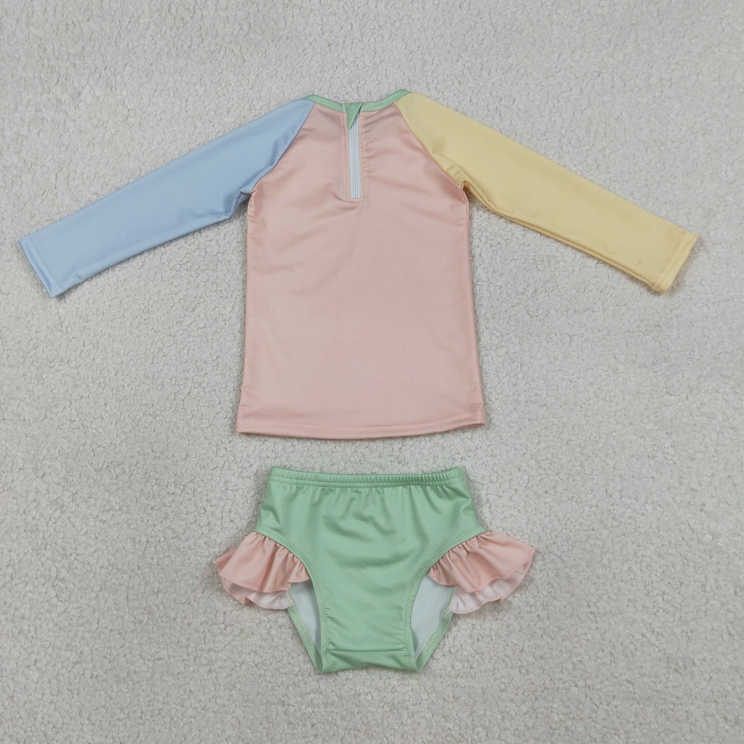 RTS Baby Girls Kids Long Sleeves Zipper Tops Ruffle Shorts Set Swimsuit