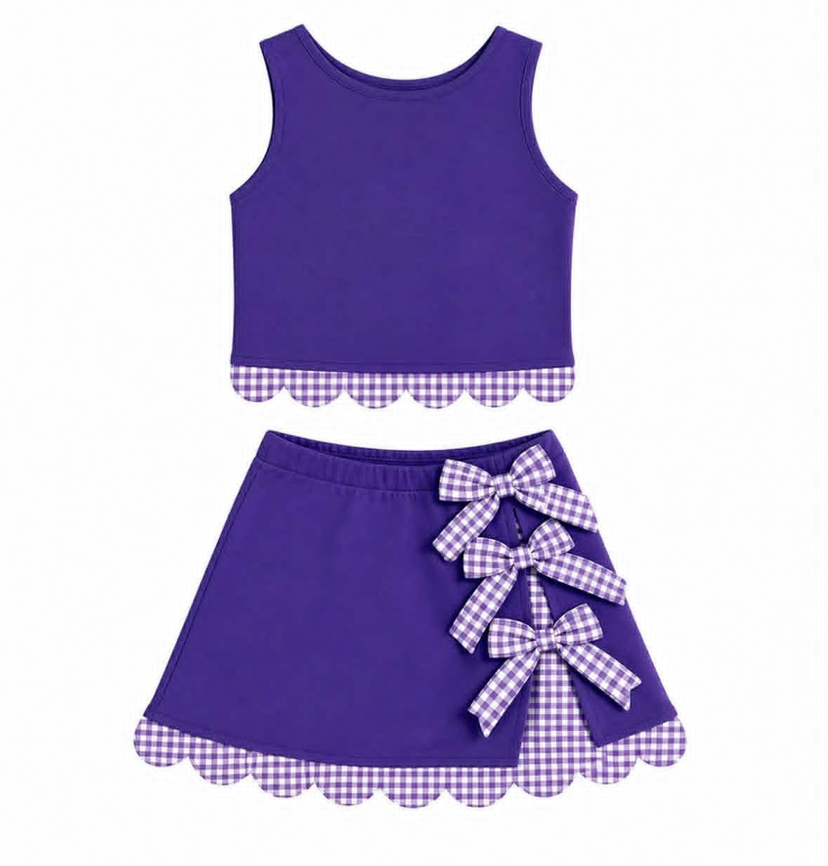 Preorder ( Moq 5 ) Baby Girls Kids Scallop Shirt Purple Plaid Bows Skirt Shorts Set Yoga Active Clothes