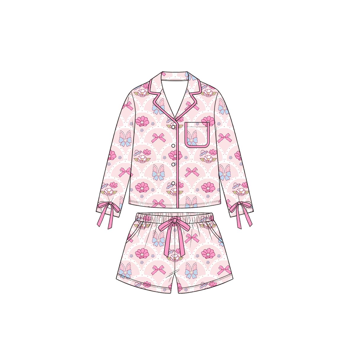Moq 5 Preorder Baby Girls Kids Rabbits Bows Flower Buttons Shirt Pockets Shorts Set Easter Pajamas Clothes