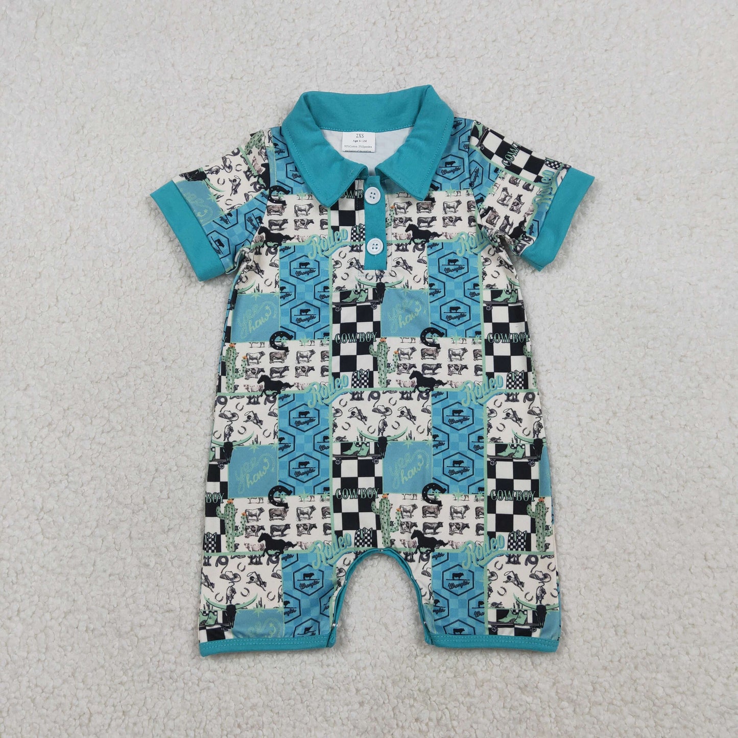 RTS Baby Boys Short Sleeves Western Cow Cactus Buttons Blue Romper