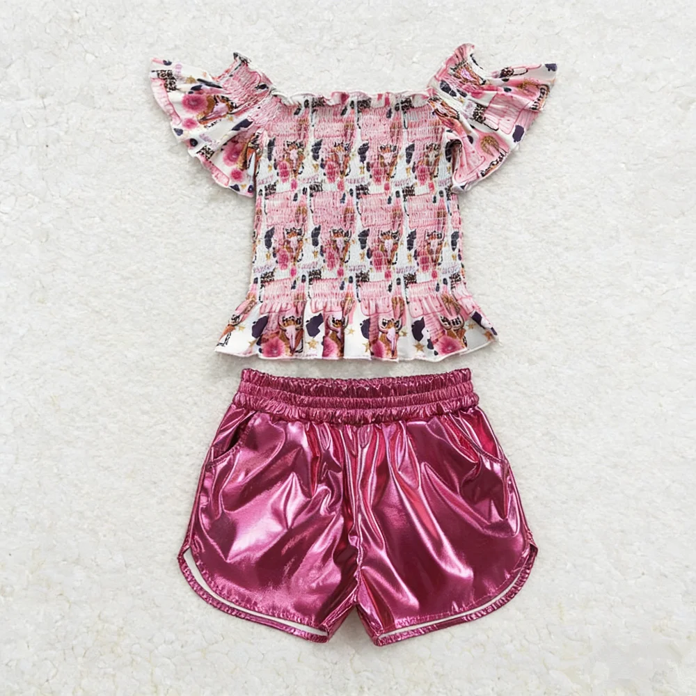 RTS Baby Girl Kids Short Sleeves Cow Flower Tops Leather Shorts Set Western Clothes
