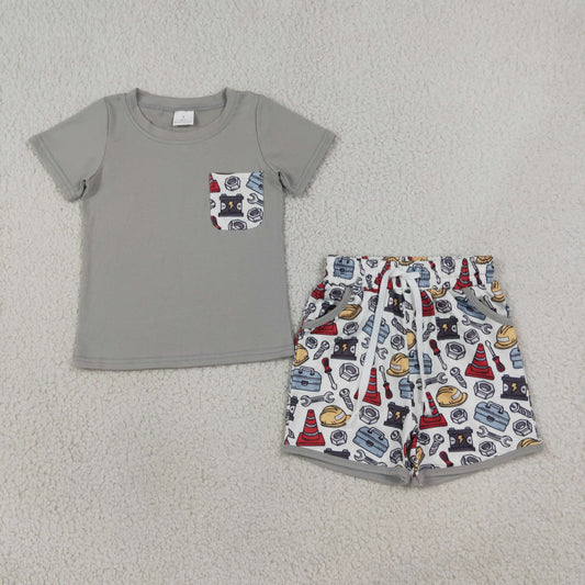 Baby Boys Kids Short Sleeves Grey Shirt Tools Pockets Shorts Set Clothes