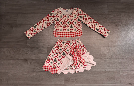 No moq Preorder Baby Girls Kids Christmas Santa Shirt Bows Scallop Skirt Shorts Yoga Active Set Clothes