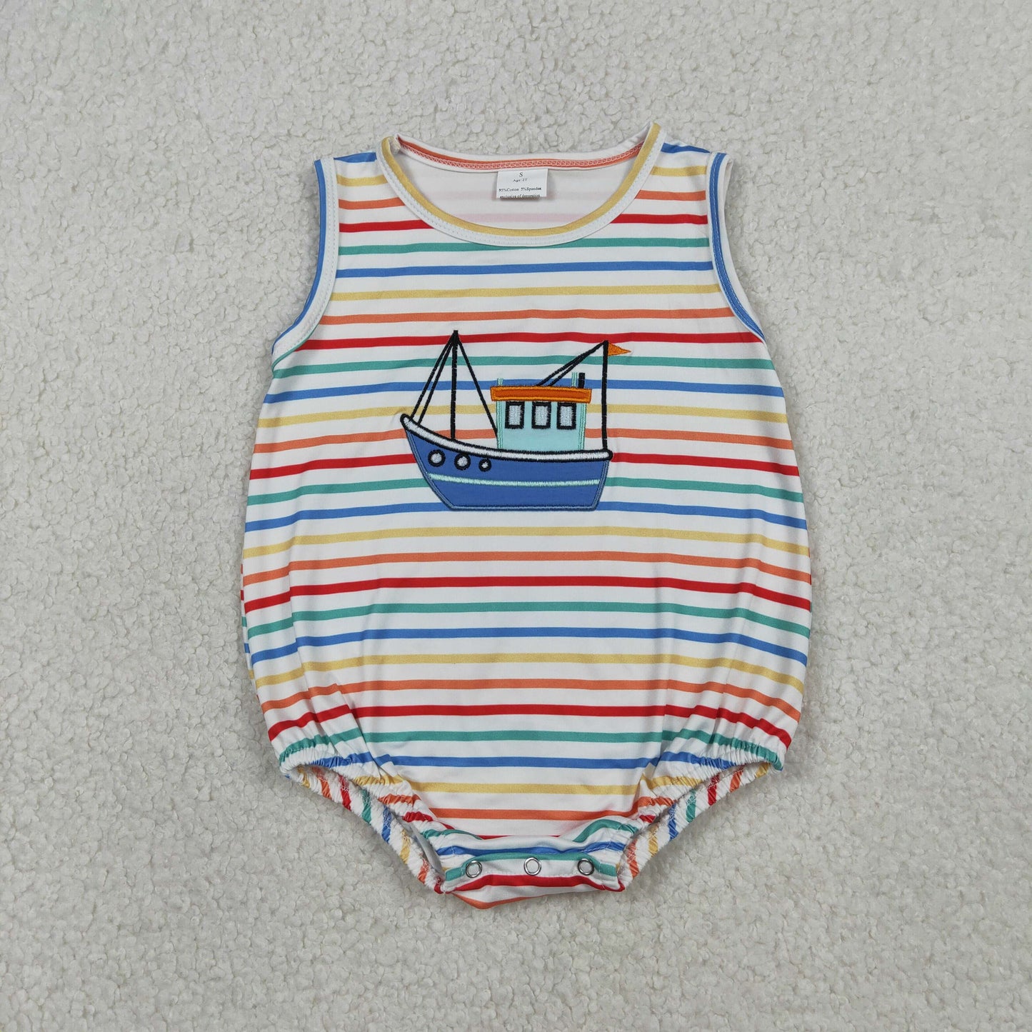 RTS Baby Boys Sleeveless Embroidery Boat Colorful Stripes Bubble Romper