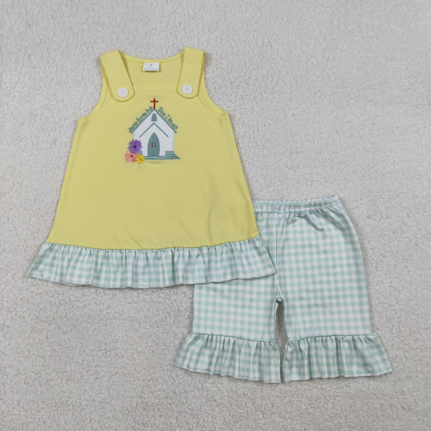 Baby Boys Short Sleeves Embroidery Cross Jesus Shirt Plaid Pockets Shorts Easter Set