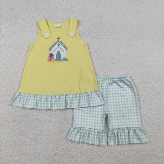 Baby Boys Short Sleeves Embroidery Cross Jesus Shirt Plaid Pockets Shorts Easter Set