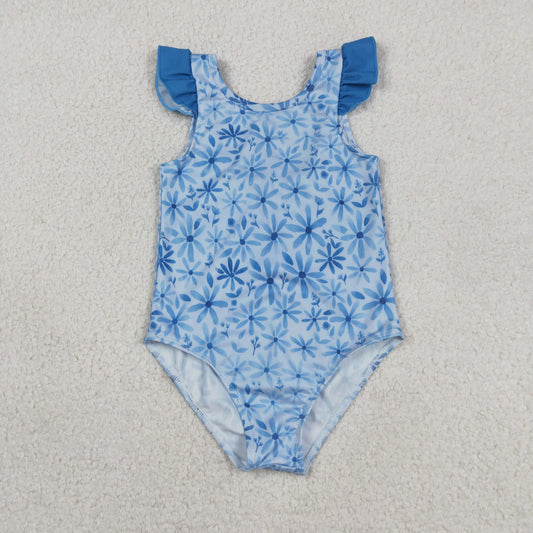 Baby Girl Kids Short Sleeves Blue Flower One Piece Swimsuit