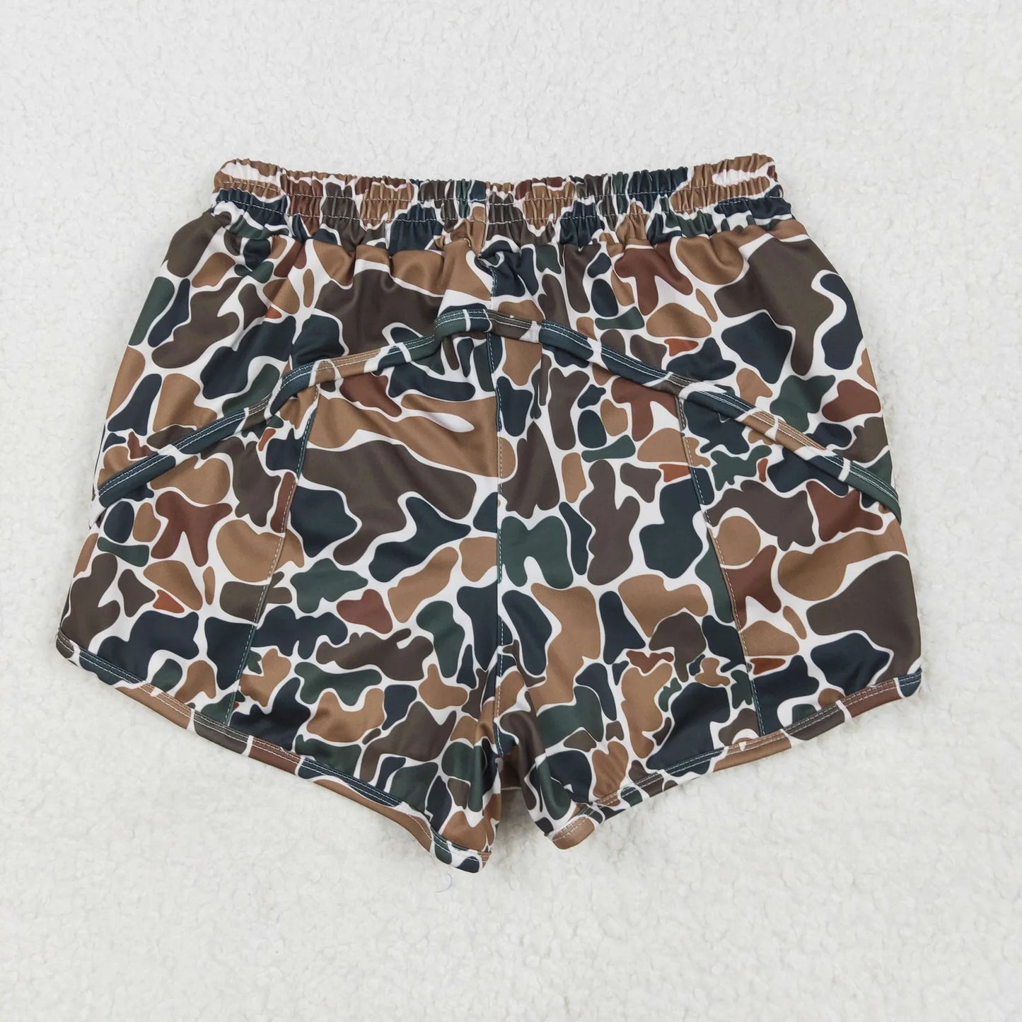 SS0469 Adult Women Brown Green Camo Print Zipper Pockets Shorts Yoga Bottoms Summer Clothes