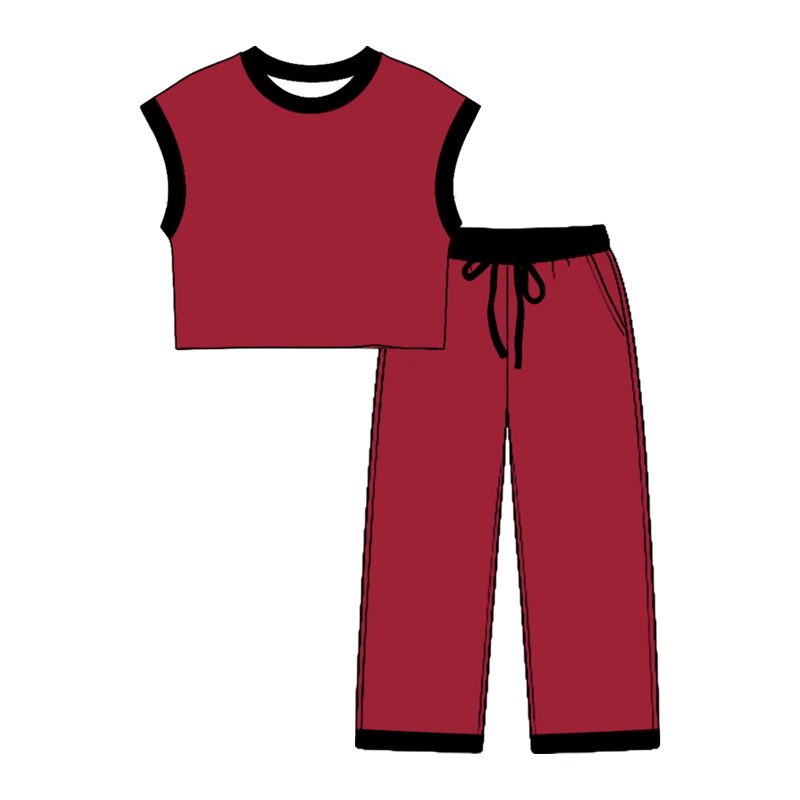 Moq 5 Preorder Baby Girls Kids Sleeveless Shirt Tops Pockets Pants Cotton Set Red Clothes