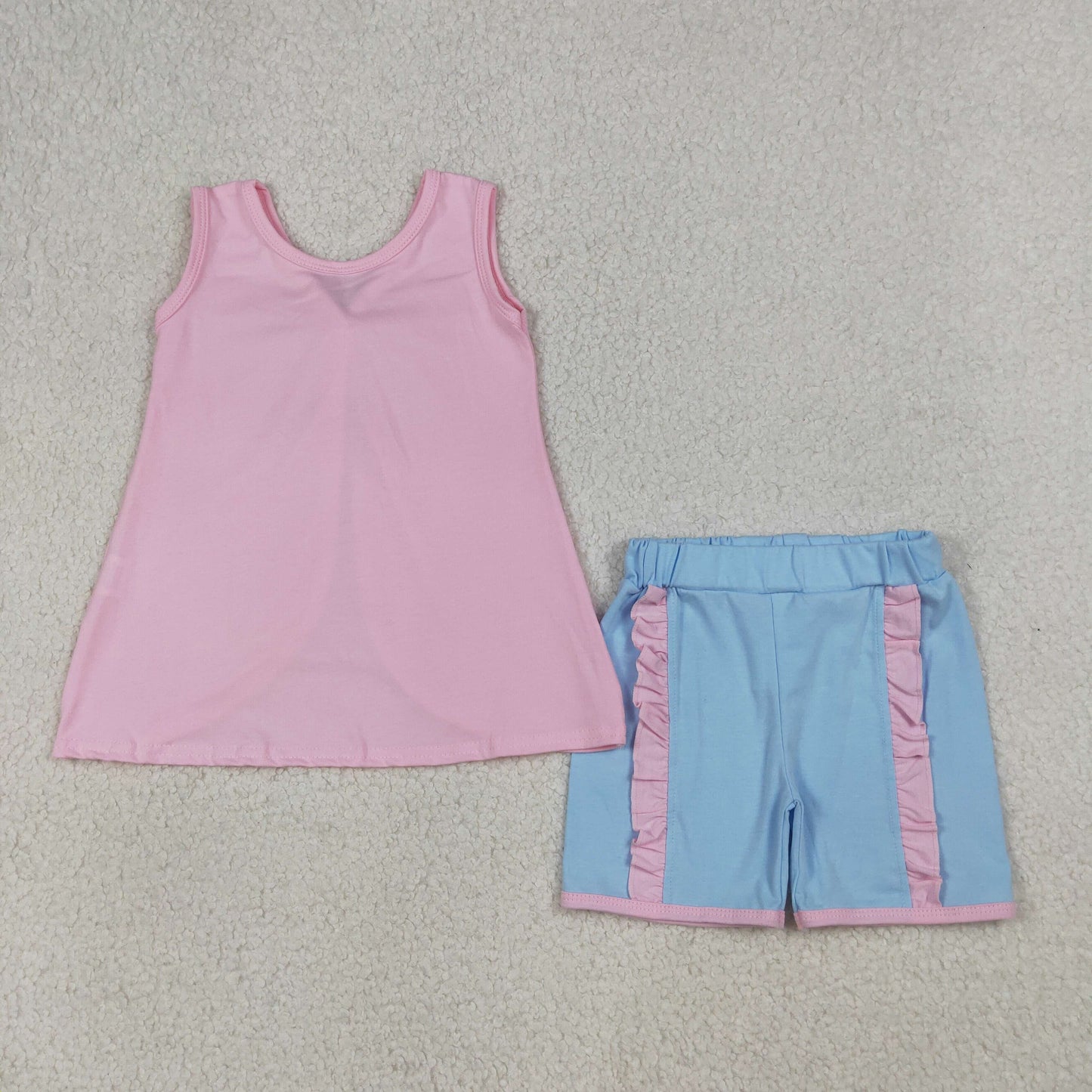 RTS Baby Girls Pink Sleeveless Blue Bows Tops Ruffle Shorts Set Clothes