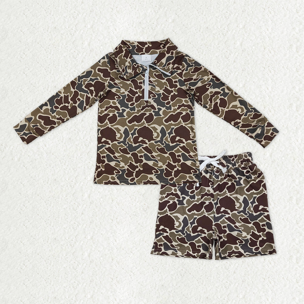 RTS Baby Boys Kids Long Sleeves Camo Zipper Pullover Shirt Pockets Shorts Clothes Set