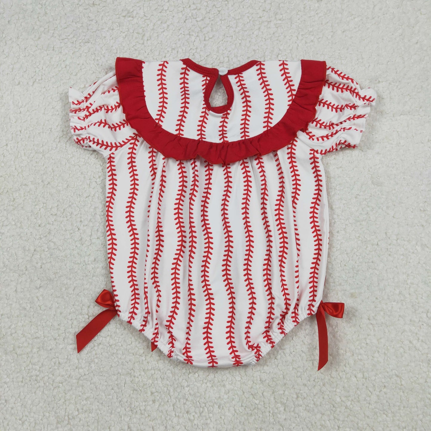 Baby Girls Short Sleeves Embroidery Bows Baseball Team Red Ruffle Smocked Bubble Romper