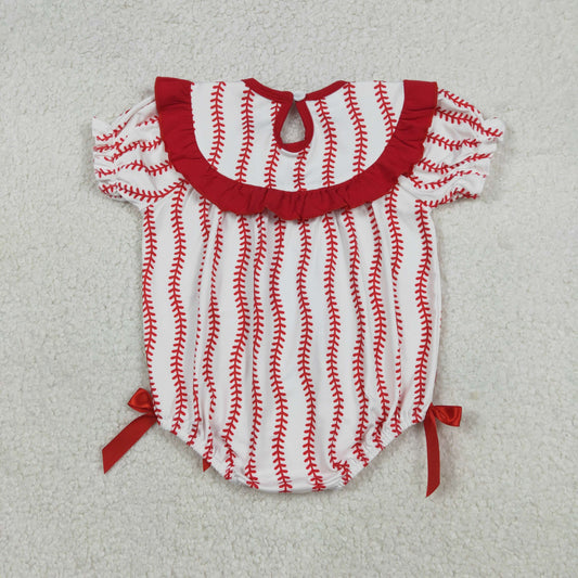 Baby Girls Short Sleeves Embroidery Bows Baseball Team Red Ruffle Smocked Bubble Romper