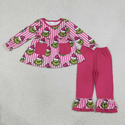 Baby Girl Kids Christmas Green Face Stripes Pockets Tunic Pink Pants Set Clothes