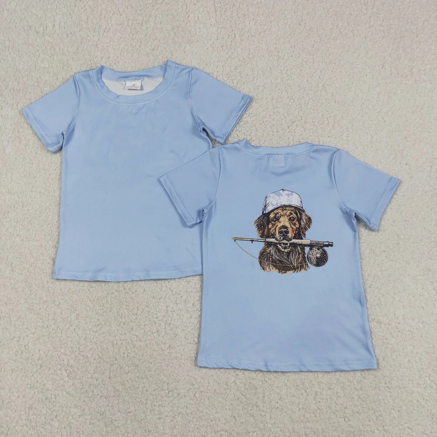 Sibling Baby Boys Kids Short Sleeves Dog Fishing Blue Shirts Tops