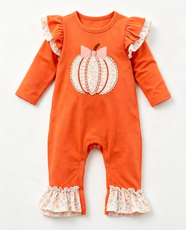 Moq 5 Preorder Baby Girls Infant Pumpkin Bows Floral Ruffle Romper Thanksgiving Orange Clothes