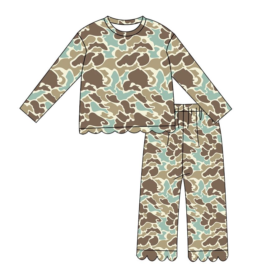 Moq 5 Preorder Baby Girls Kids Long Sleeves Camo Shirt Pants Scallop Set Clothes