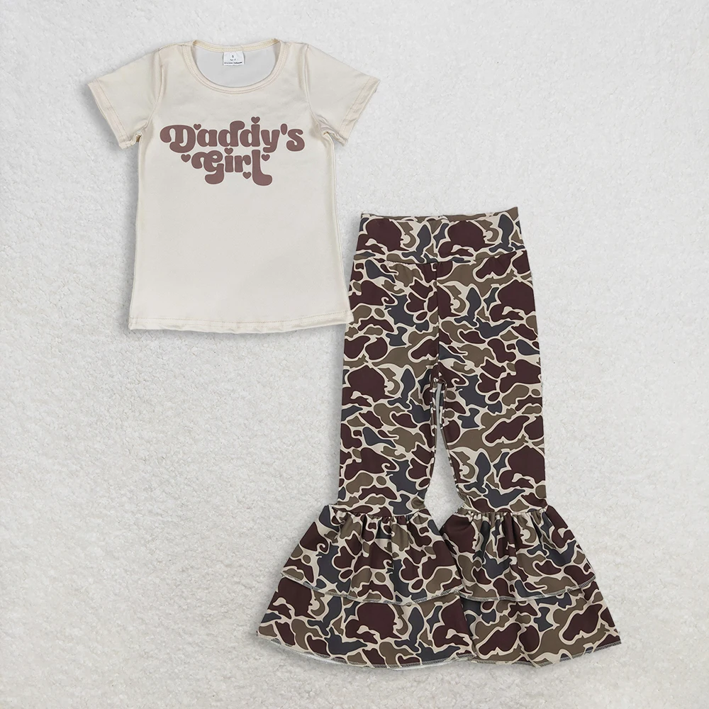 RTS Baby Girl Kids Short Sleeves Daddy's Shirt Camo Bell Pants Set Clothes