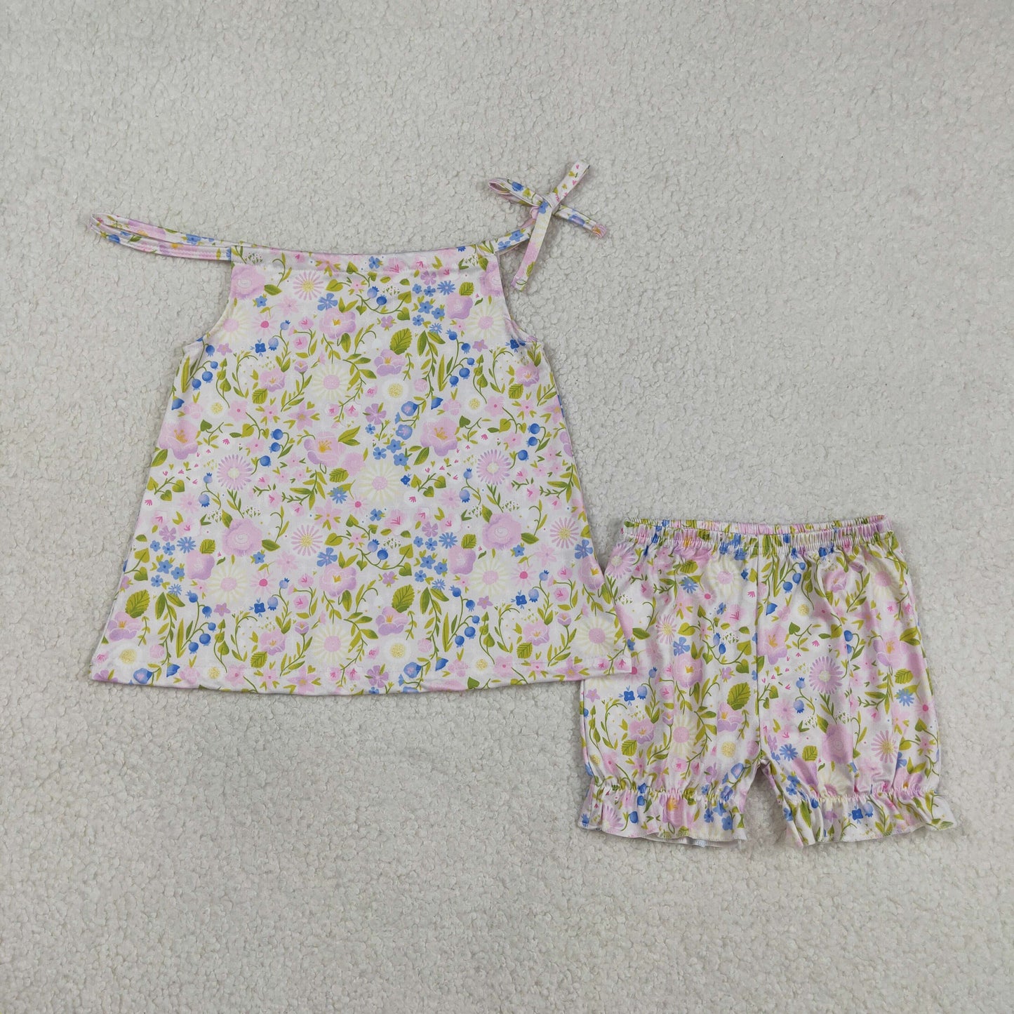 RTS Baby Girls Straps Flower Tunic Ruffle Shorts Summer Clothes Set
