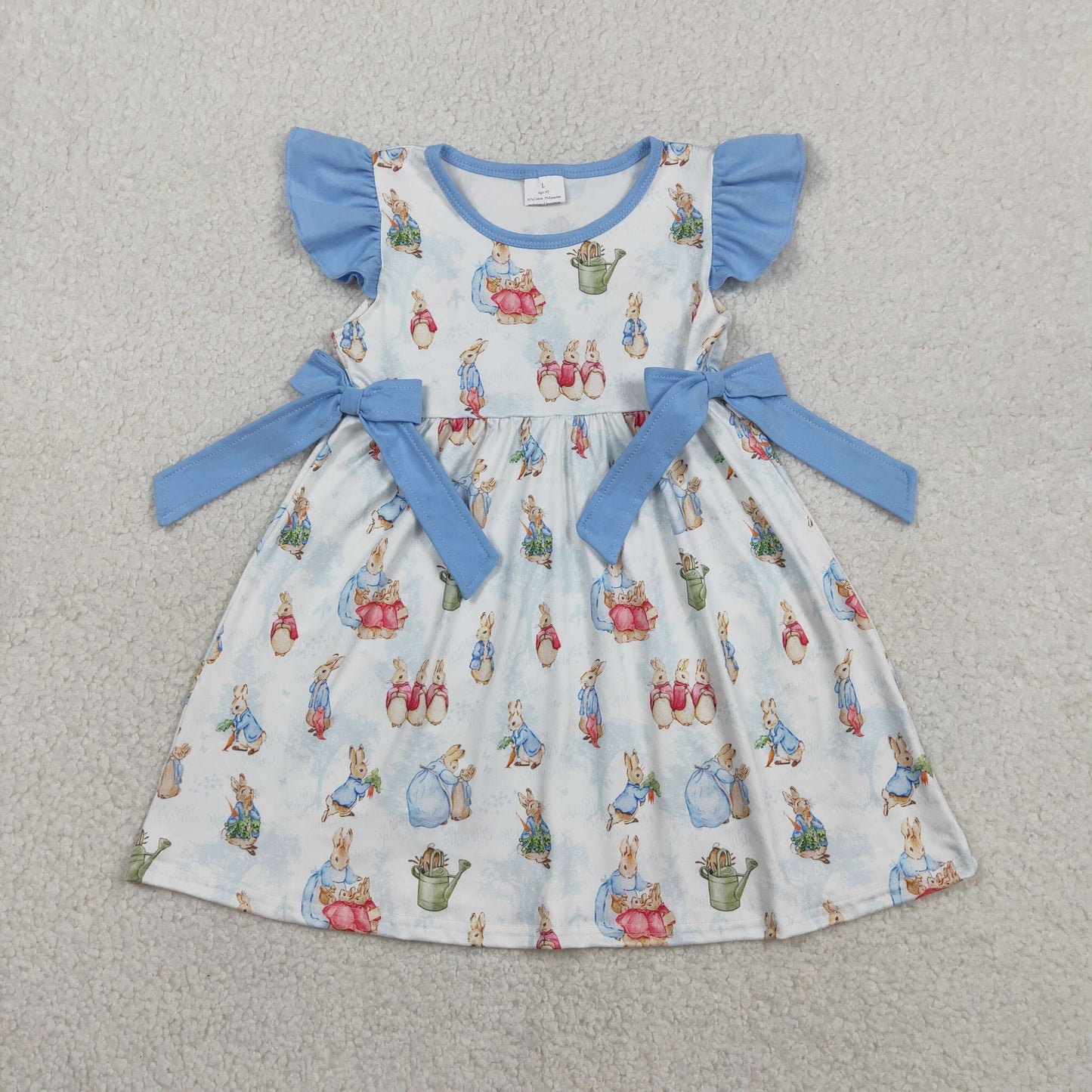 RTS Baby Girls Kids Short Sleeves Rabbits Blue Bows Easter Knee Length Dress