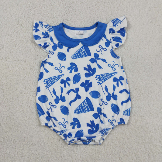 Baby Girl Short Sleeves Cheer Blue Bows Summer Team Bubble Romper