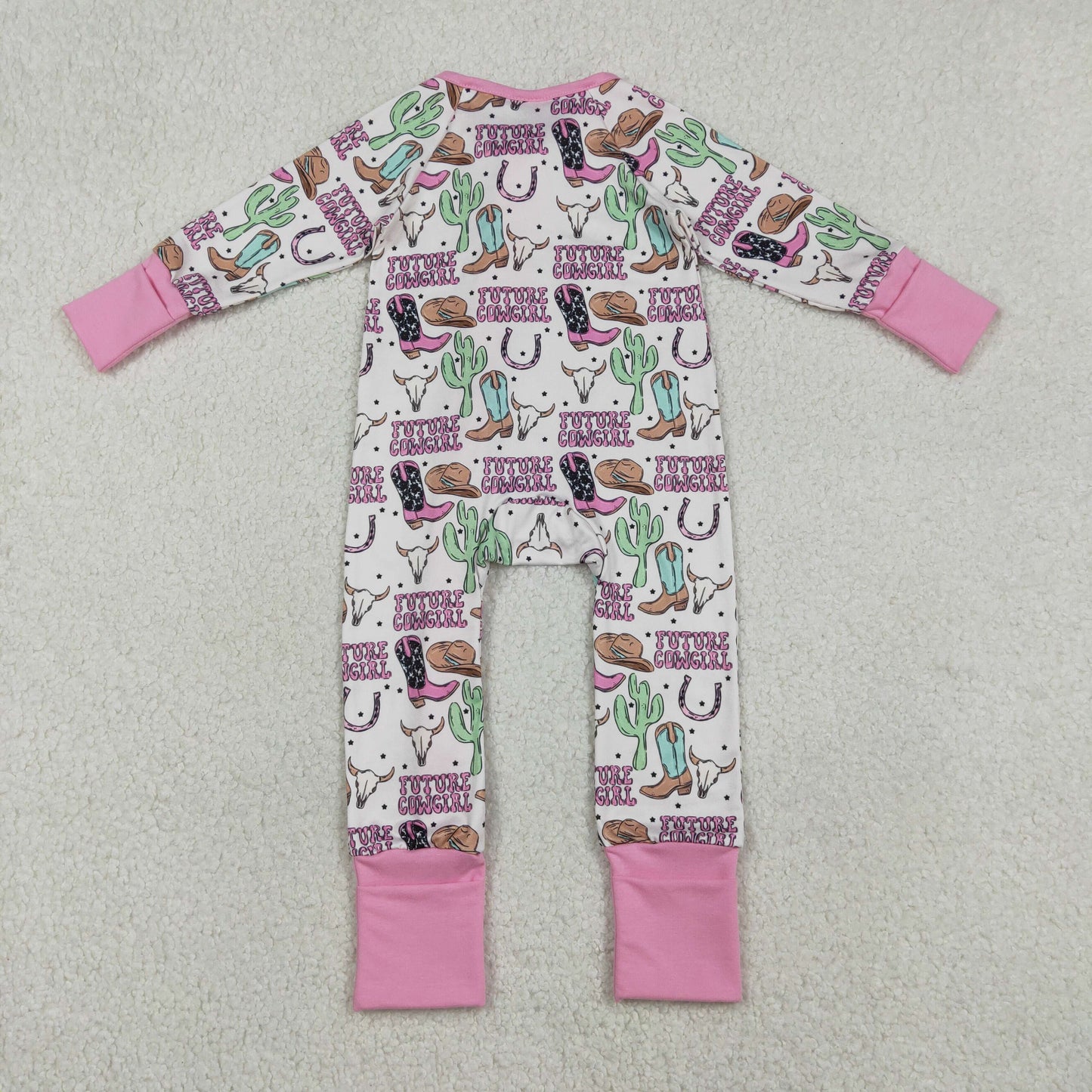 Baby Girls Long Sleeves Boots Cactus Cowgirl Zipper Footie Sleeper Romper