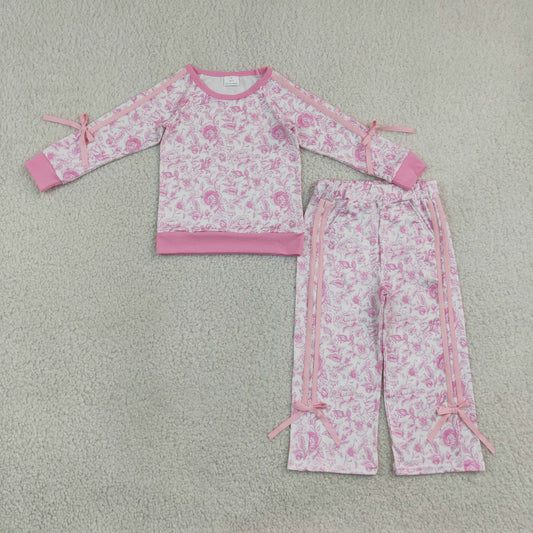 Baby Girls Kids Long Sleeves Flower Pink Bows Shirt Pockets Pants Set Clothes