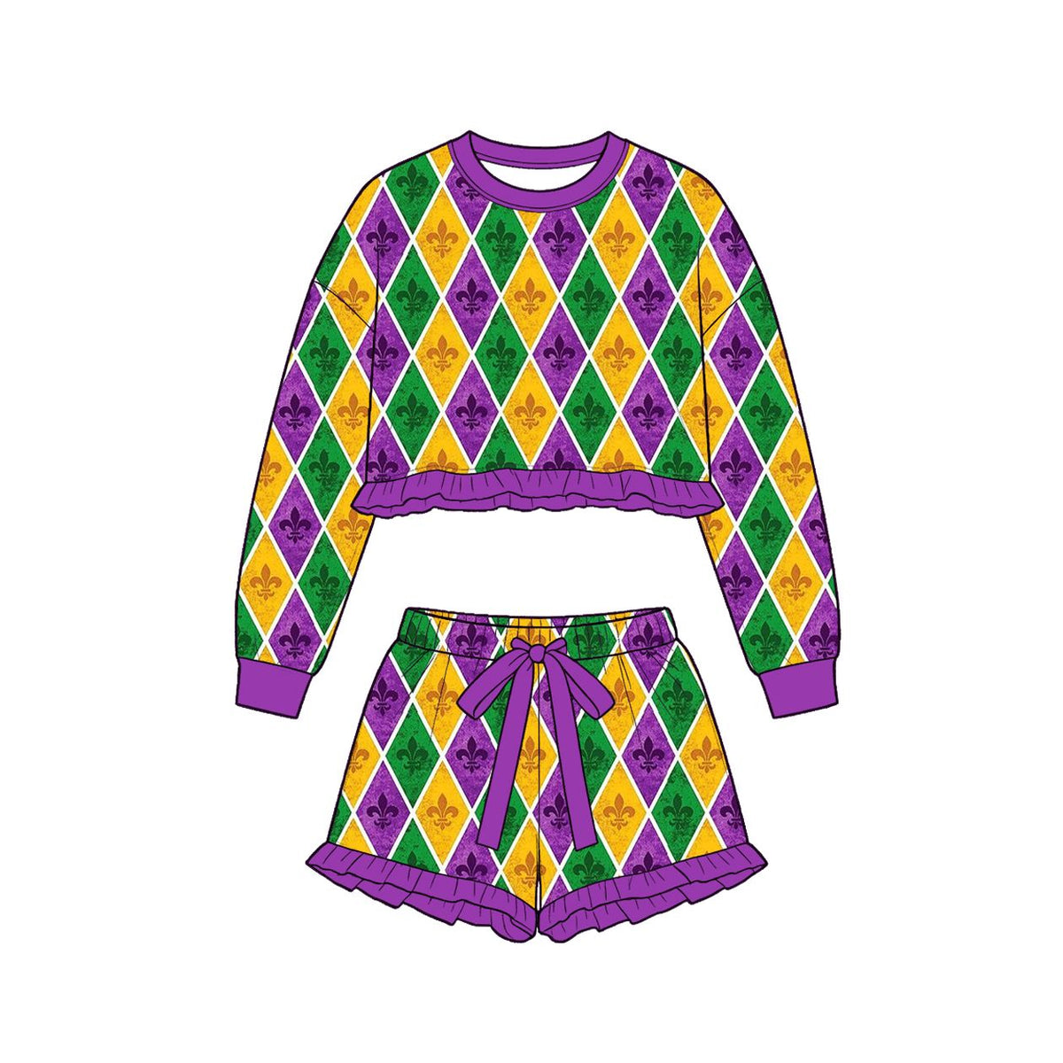 Moq 5 Preorder Baby Girls Kids Long Sleeves Flower Plaid Shirt Shorts Set Mardi Gras Clothes