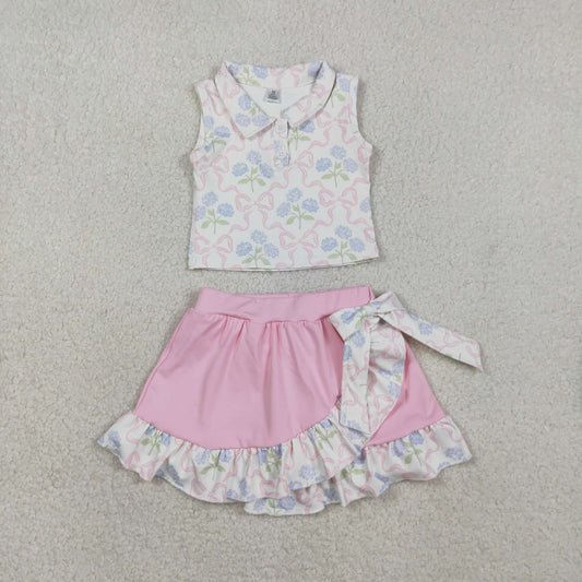 RTS Sibling Baby Girls Bows Flower Buttons Tops Ruffle Pink Skirts Shorts Yoga Active Clothes Sets