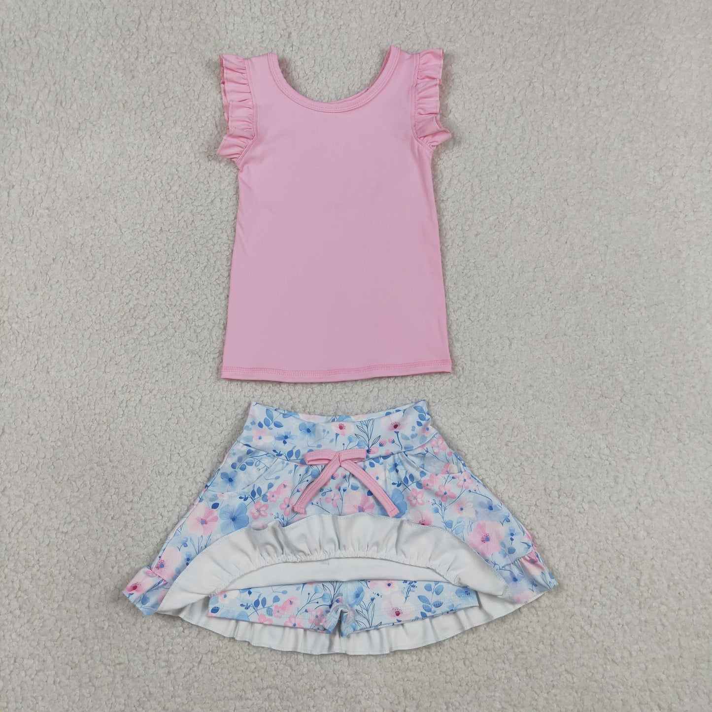 Baby Girls Kids Pink Tops Flower Pockets Scallop Skirt Shorts Yoga Clothes Summer Set