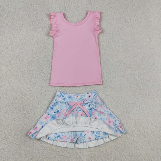 Baby Girls Kids Pink Tops Flower Pockets Scallop Skirt Shorts Yoga Clothes Summer Set
