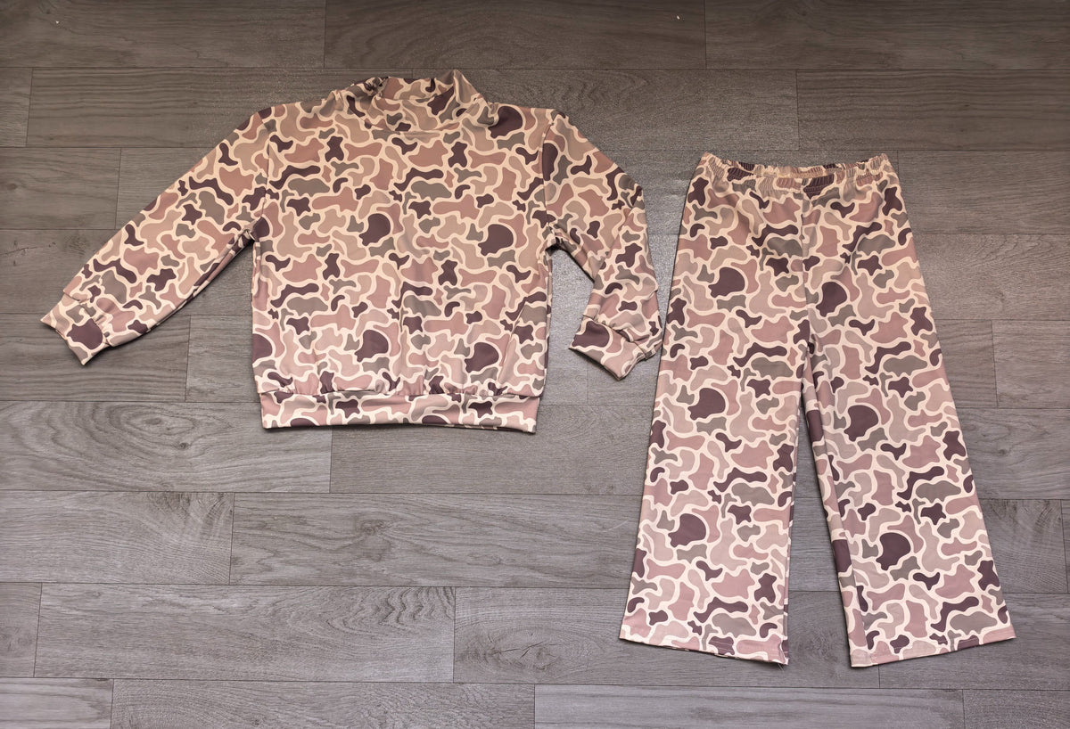 No moq Preorder Baby Girls Kids Long Sleeves Pullover Shirt Camo Pants Set Yoga Active Clothes