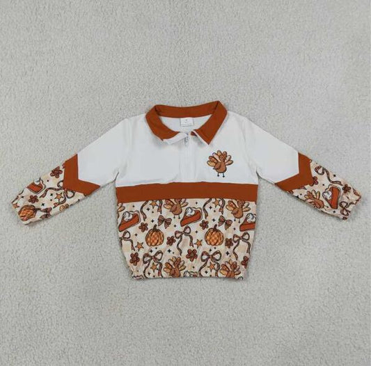 Baby Girls Kids turkey Pumpkins Bows Zipper Pullover Shirt Fall Clothes