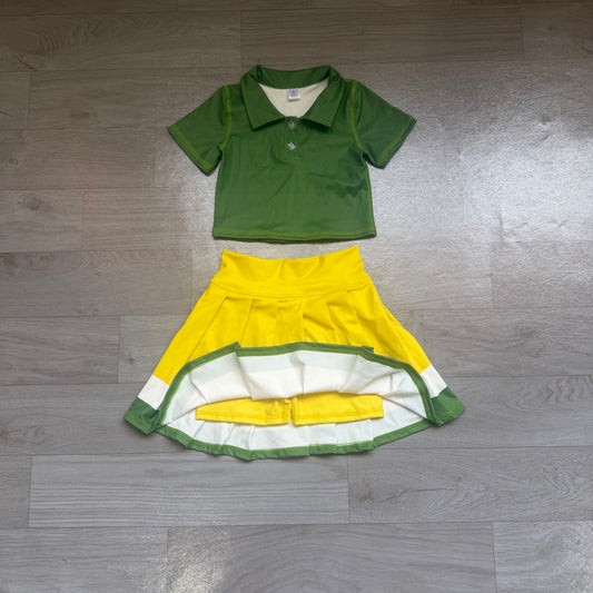 No moq Preorder Baby Girls Kids Green Buttons Shirt Skirt Shorts Yoga Active Set Clothes