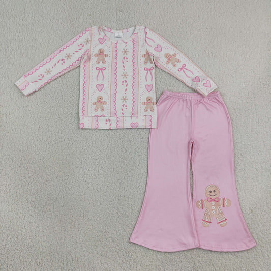 Baby Girls Kids Long Sleeves Gingerbread Bows Christmas Shirt Pink Pants Set Clothes