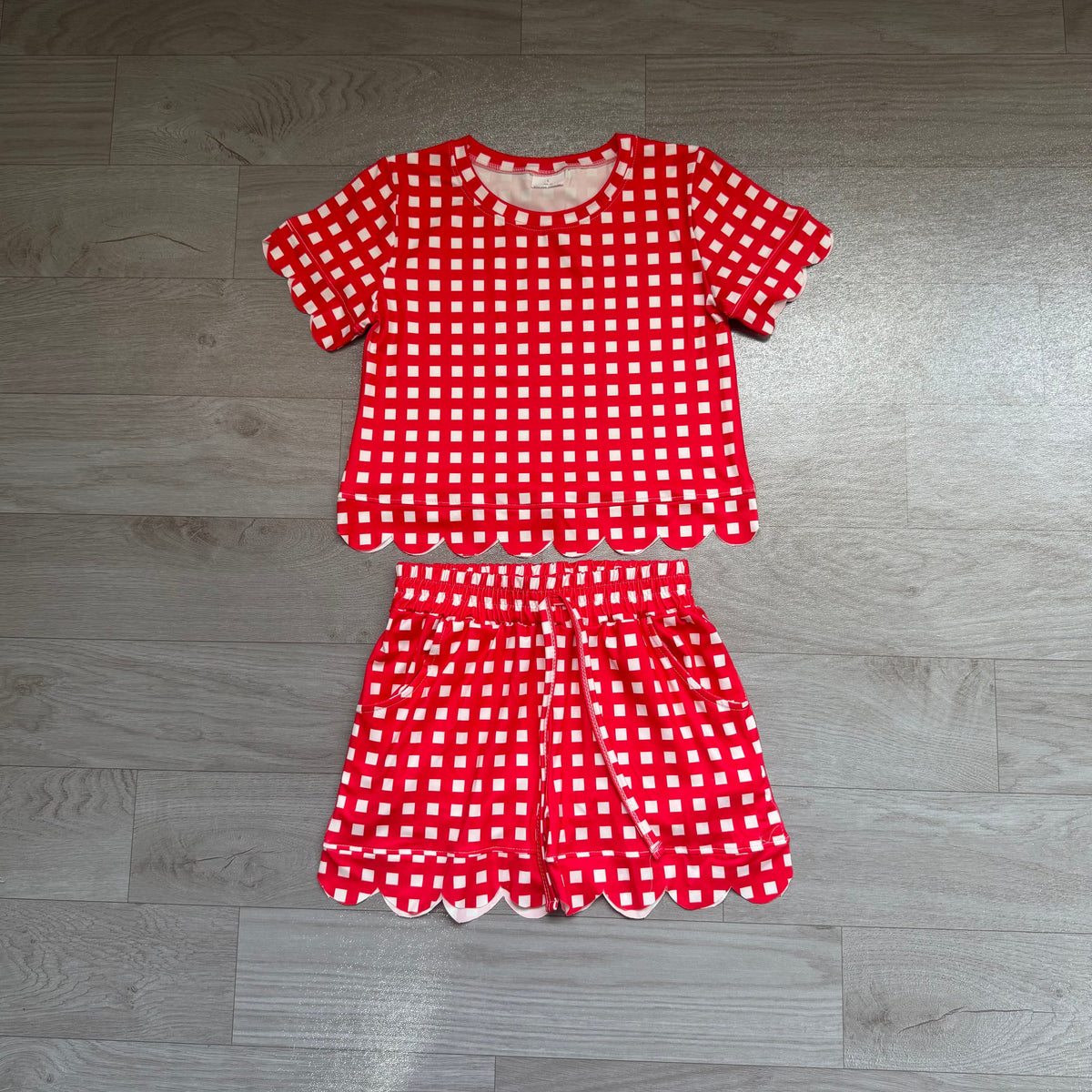 No moq Preorder Baby Girls Kids Short Sleeves Red Plaid Shirt Scallop Shorts Set Clothes