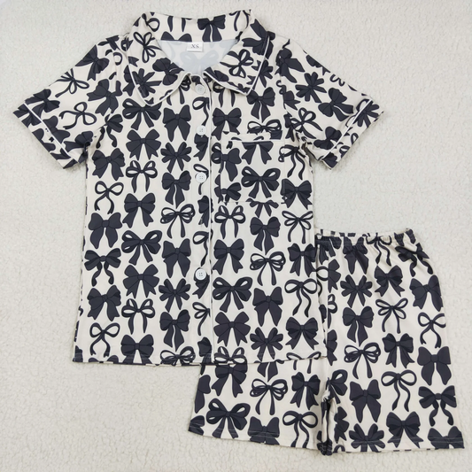 Sibling Baby Girls Adult Women Black Bows Buttons Shirt Shorts Mommy and Me Pajamas Sets