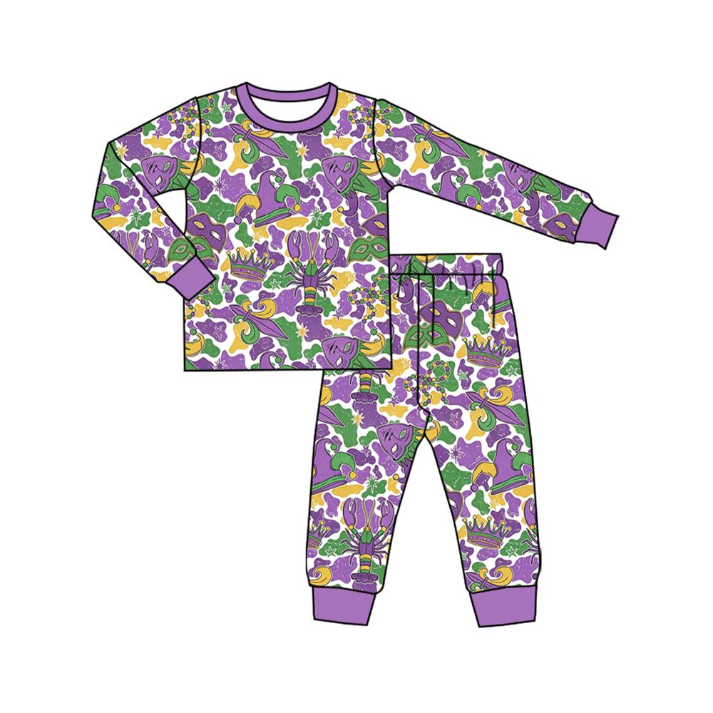 Moq 5 Preorder Baby Toddler Kids Marks Crawfish Camo Print Shirt Pants Mardi Gras Set Pajamas